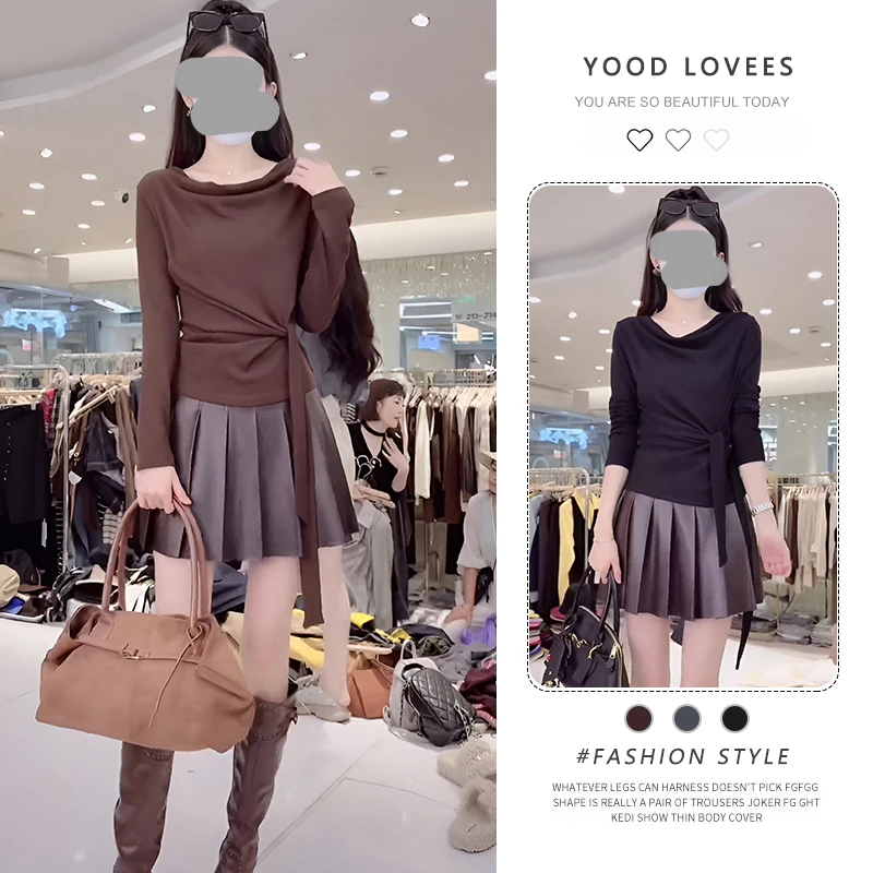 2025春秋新款百搭系带收腰长袖上衣女气质显瘦百褶皮短裙两件套潮