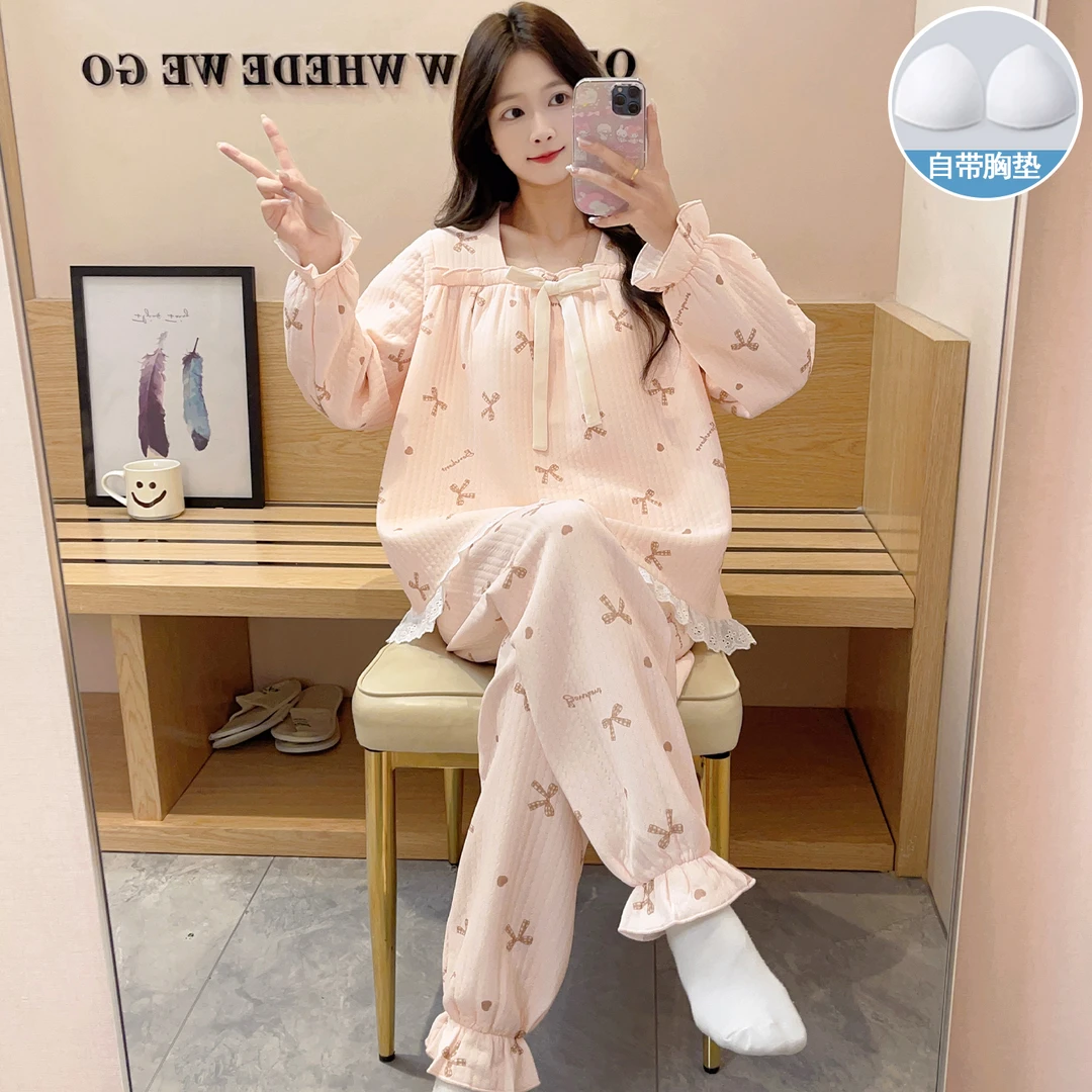 2025秋冬睡衣女长袖长裤蝴蝶结少女带胸垫冬季夹层保暖家居服套装