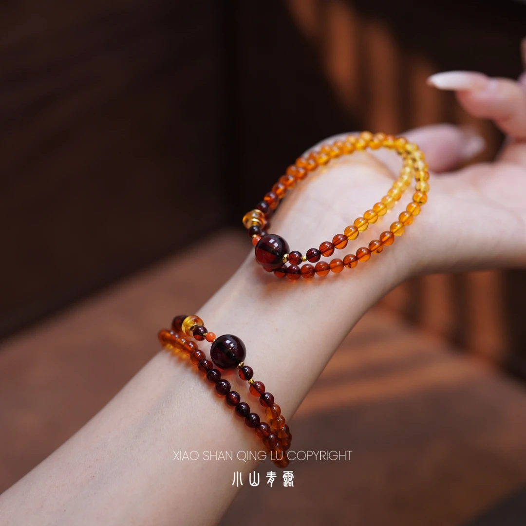 【W1848】「玲珑之夏」天然琥珀渐变双圈手串 S925银镀金镶 长35珠5-6