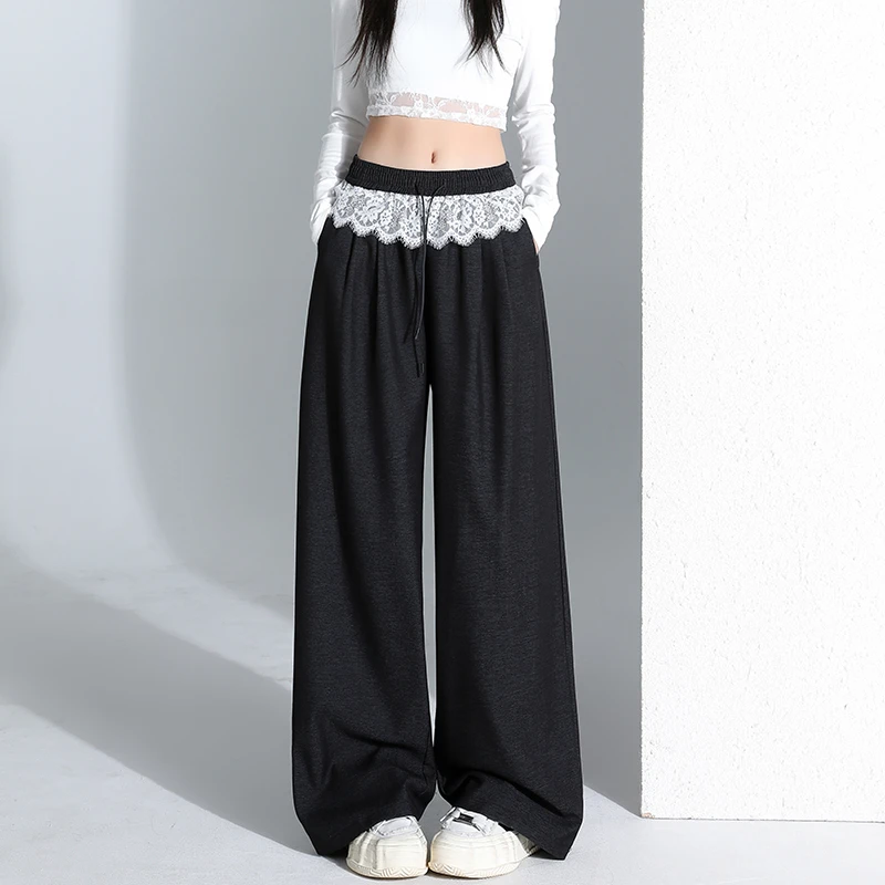 蕾丝花边天丝仿牛仔阔腿裤女2025春夏高腰显瘦休闲直筒拖地长裤子