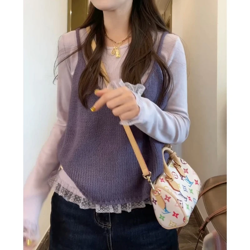 早秋休闲蕾丝磨毛长袖T恤+简约毛针织吊带背心两件套女LK2505692