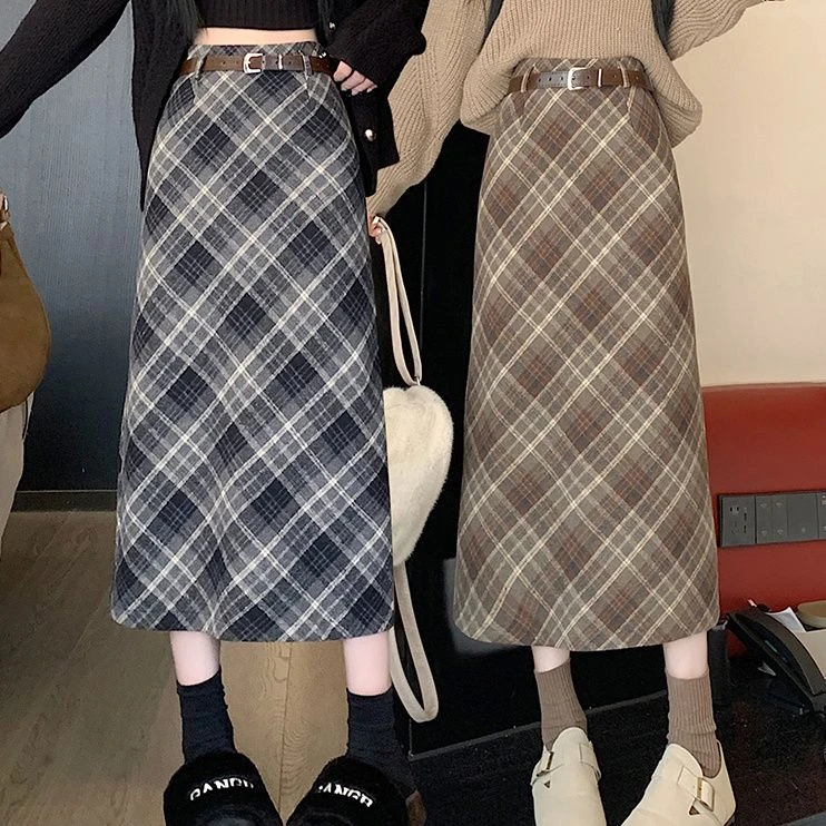 毛呢格子半身裙女2025秋冬新款后开叉高腰A字裙中长款包臀一步裙