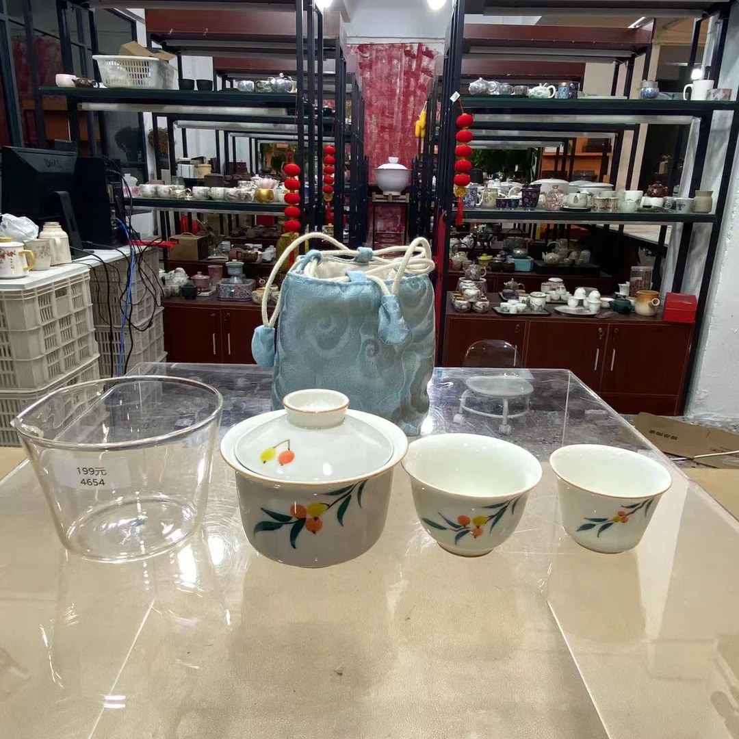 德化云仓  柿柿如意一壶两杯刺绣收纳包旅行茶具-4654