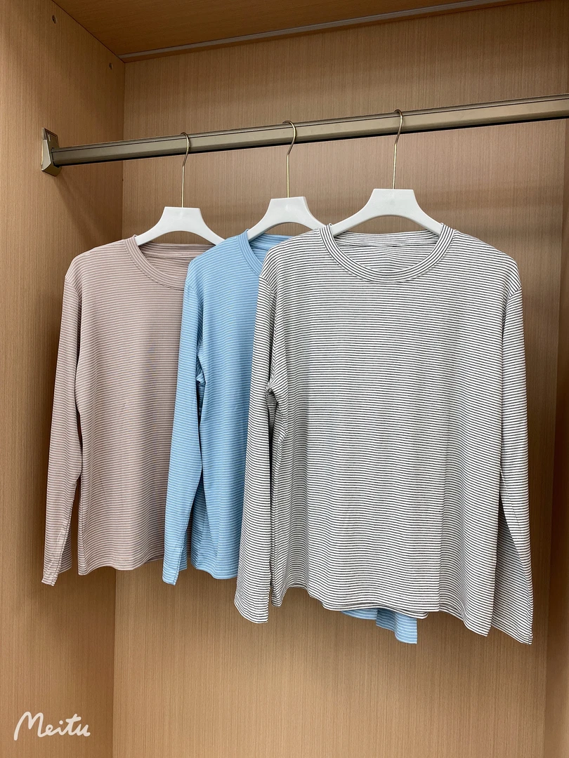 女士细条纹圆领长袖 L5506#