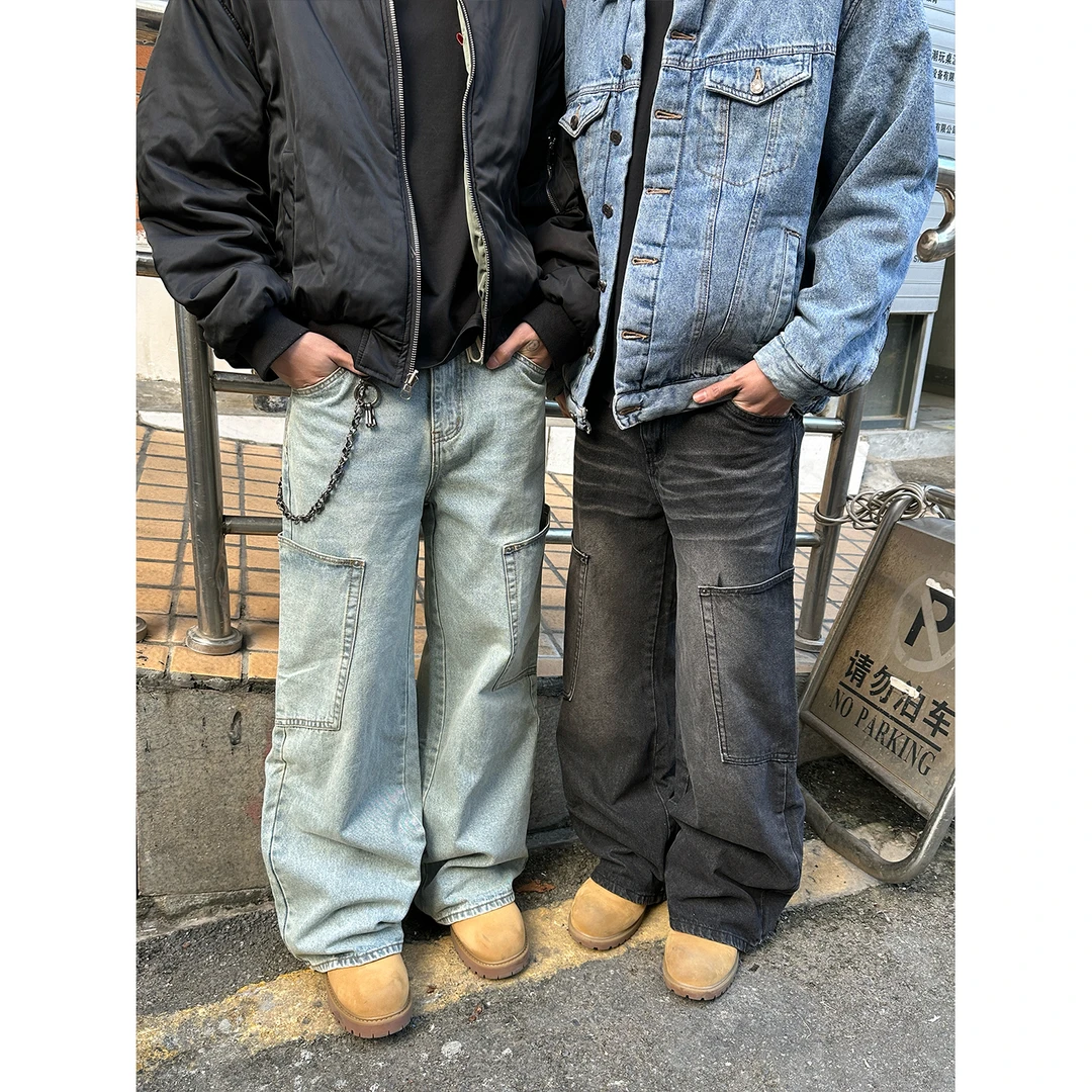Faxims Store美式水洗做旧廓形阔腿牛仔裤宽松直筒拖地设计感长裤
