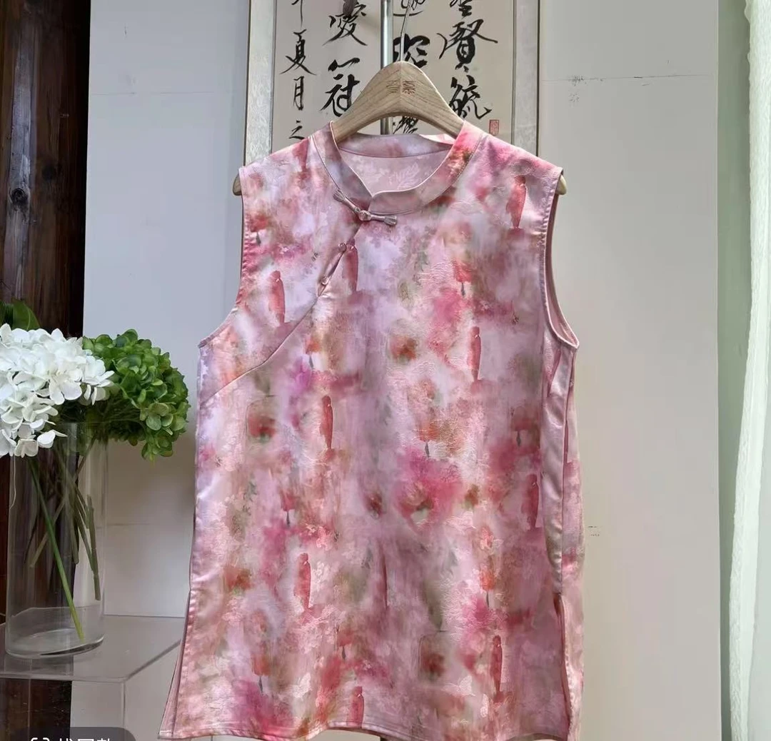 新中式百搭复古水墨染国风夏季斜襟盘扣老钱风上衣