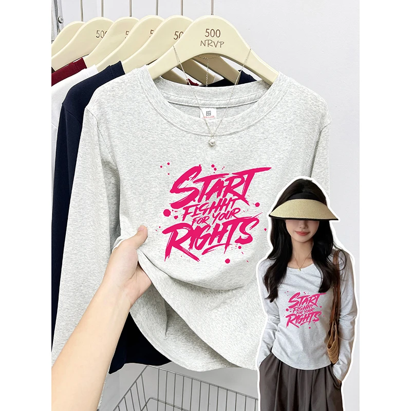 白灰色潮酷字母印花正肩长袖T恤女修身高弹力设计感大码女装上衣