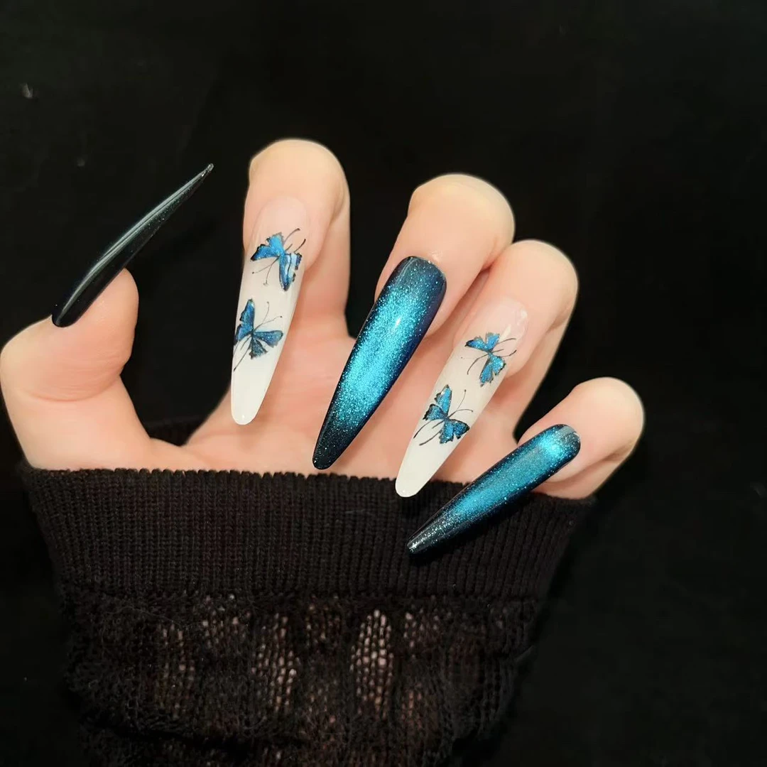 C01026古典蝴蝶蓝色猫眼爆闪显白纯手工穿戴甲长款清冷高级感