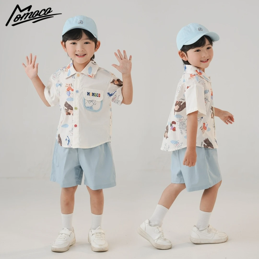 MOMOCO夏季男童新款可爱动物印花短袖衬衫套装两件套77230578034