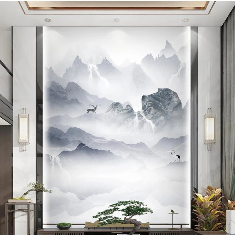 2024新款中式山水玄关竹木纤维集成护墙板楼道装饰画背景扣板快装