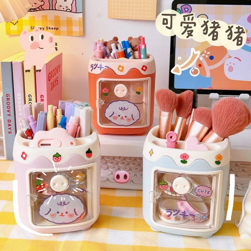 卡通可爱创意多格小猪笔筒少女心学生办公文具猪鼻子笔筒抽屉笔