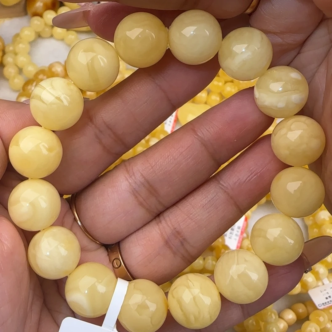 蜜蜡未镶嵌手串白花圆珠手串