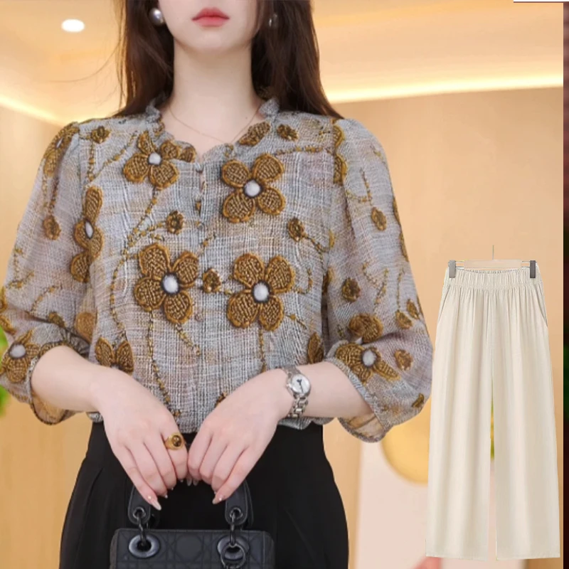 时尚高级感轻奢优雅套头衬衫女夏季新款气质减龄宽松显瘦小衫套装