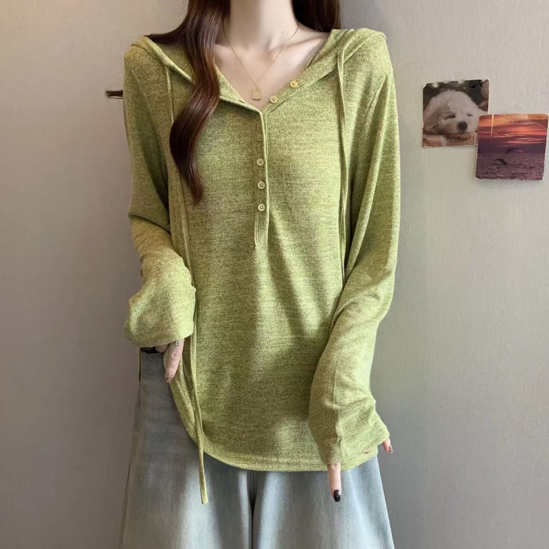 超柔软慵懒风半开领纽扣连帽针织衫秋冬季长袖打底衫（衣长65左右）