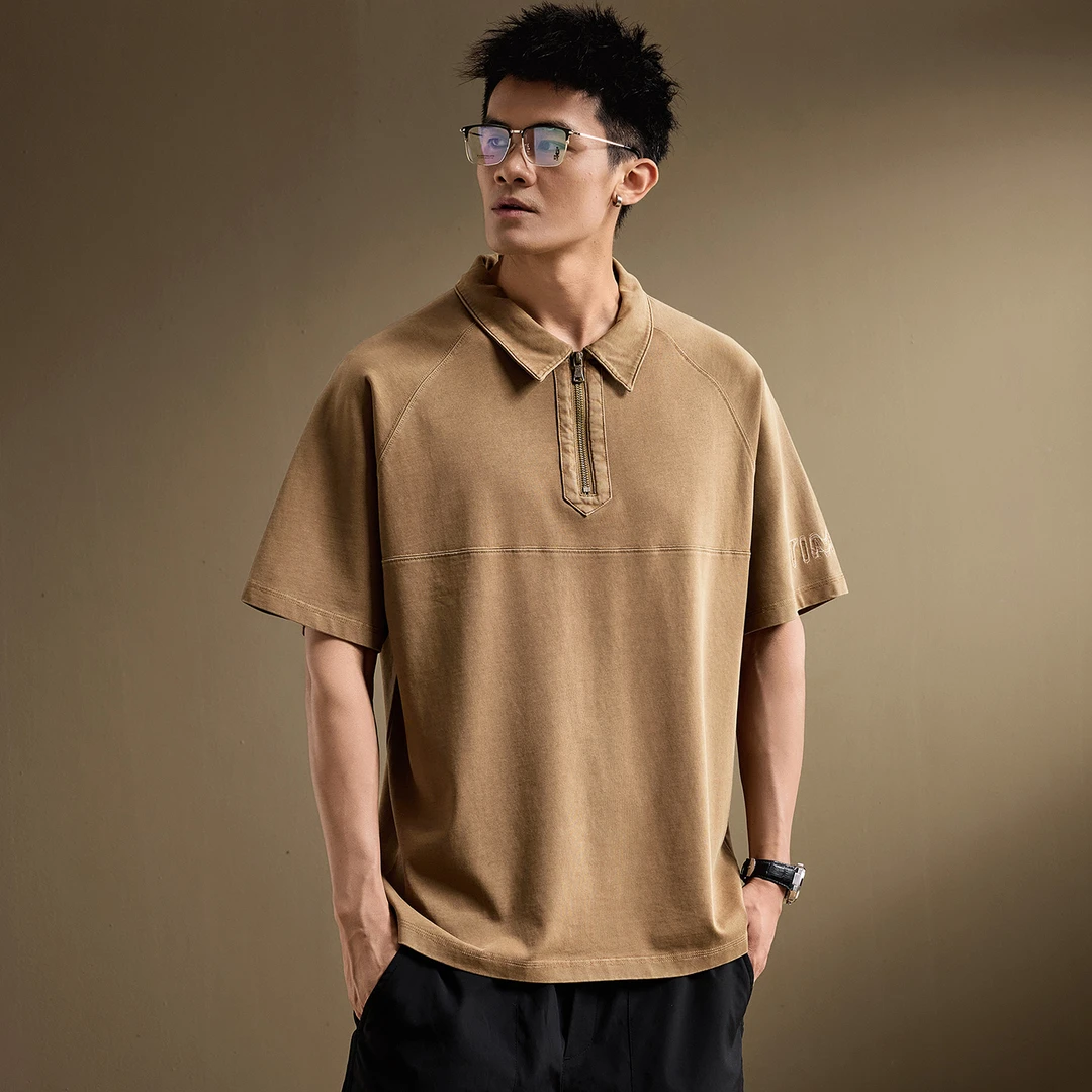 日系复古重磅石磨洗水短袖T恤男夏季新款潮牌Polo领舒适宽松上衣