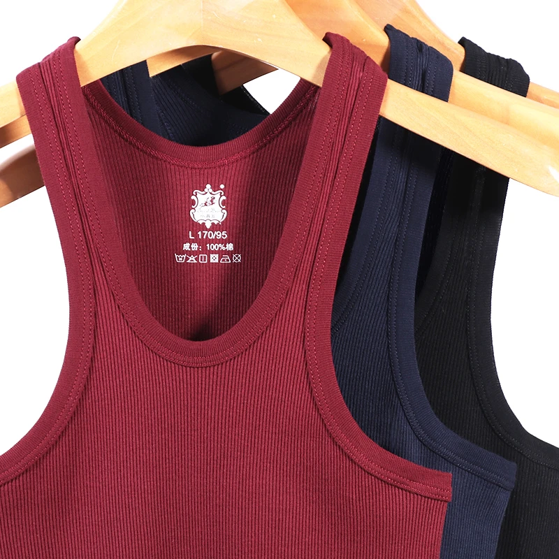 纯棉背心男士粗罗纹跨栏健身修身型运动打底汗衫枣红酒红吊带夏季