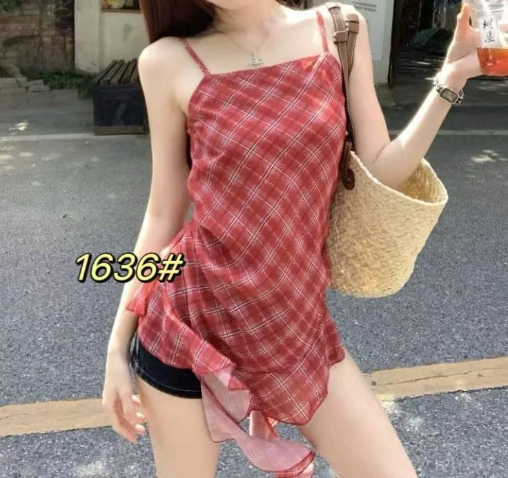 法式格纹褶皱无袖开叉不规则上衣A1636