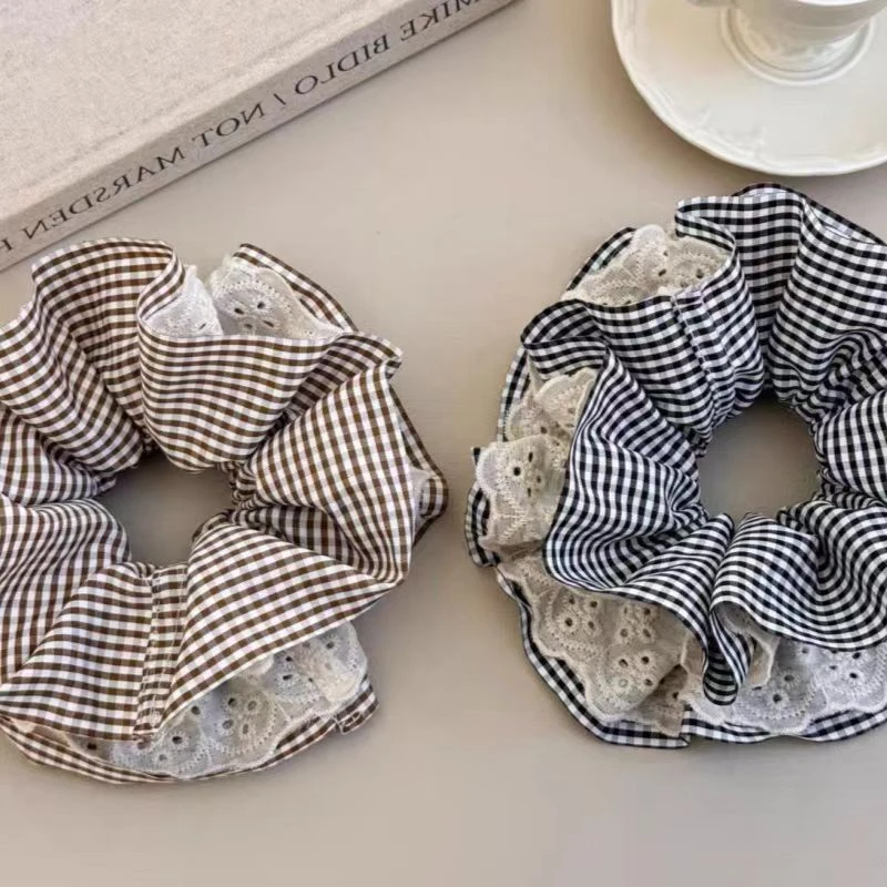 超大法式又少女的蕾丝格纹褶皱大肠发圈高级感发饰