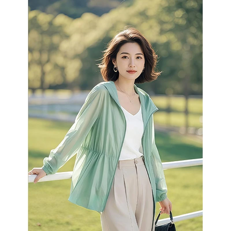 2025夏季韩式新款小众绿色防晒短衬衫外套女时尚减龄百搭透气上衣