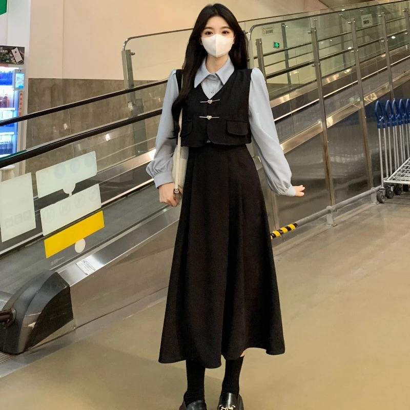 女生中式复古拼接文艺风假两件磨毛灯芯绒长袖秋冬季2025年