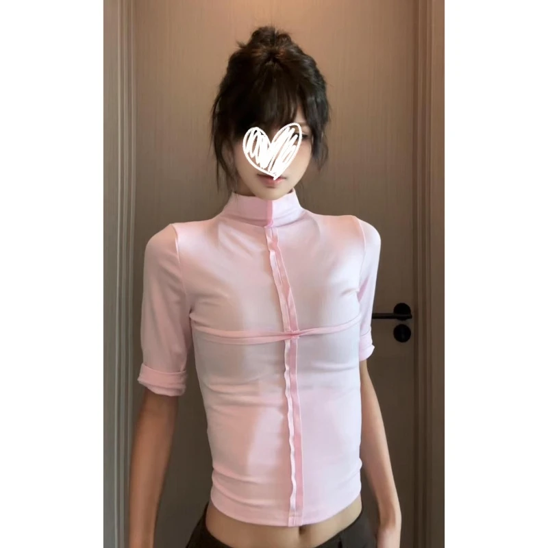 美式辣妹十字架拼接半高领中袖正肩t恤2025年秋季新款紧身女上衣