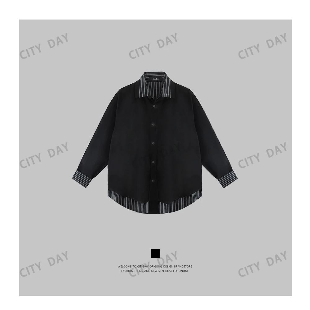 CityDay【楠哥】醋面光感 条纹拼接假两件衬衫 C6937
