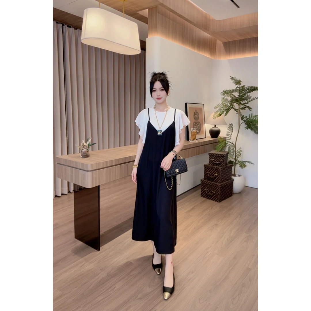 7190鱼鱼严选洋气简约款夏季气质假两件拼接设计感收腰显瘦连衣裙