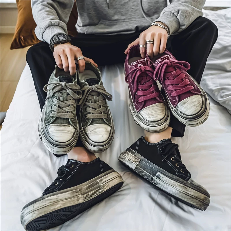 B218-2287-P65新款经典水泥灰做旧松糕厚底帆布鞋增高机车风潮鞋