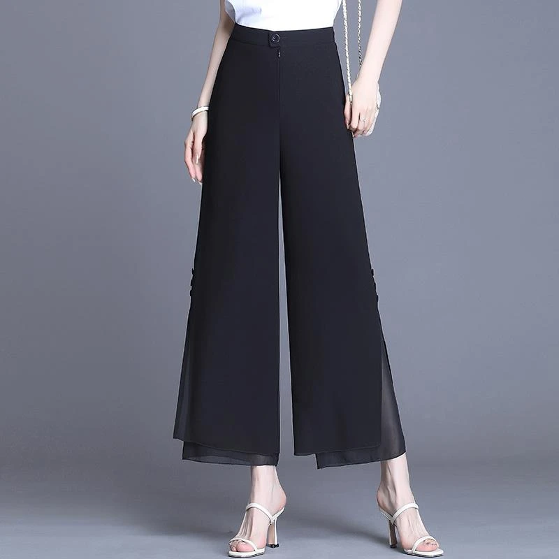 FAVMARTHA雪纺阔腿裤女夏季薄款开叉黑色显瘦小个子裤子垂感宽松
