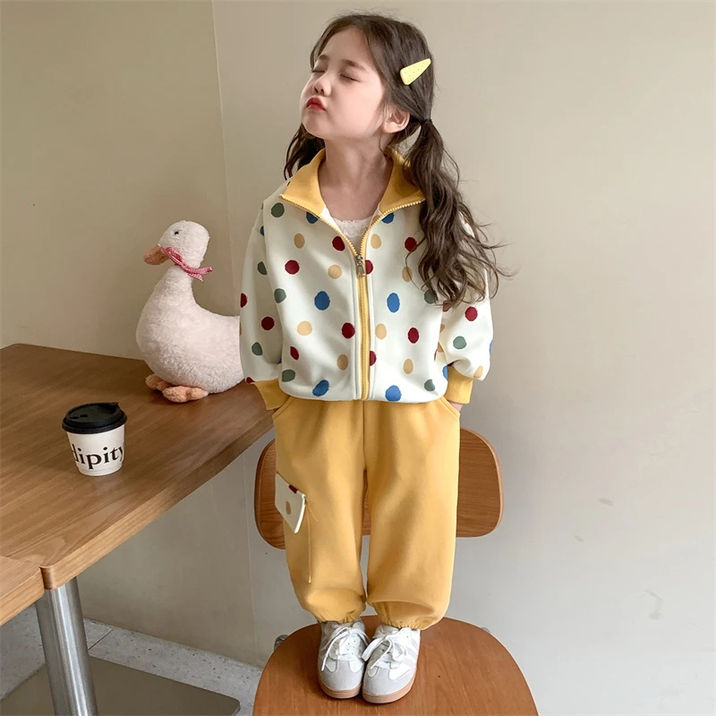 【韩系波点】2025秋季新款运动风拉链套装韩版女童洋气秋款童装