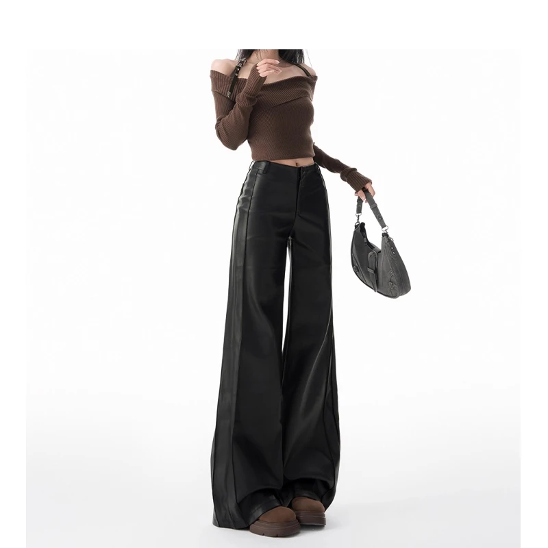 拉夏贝尔黑色美式皮裤女秋冬季新款休闲外穿高级宽松微喇叭阔腿裤