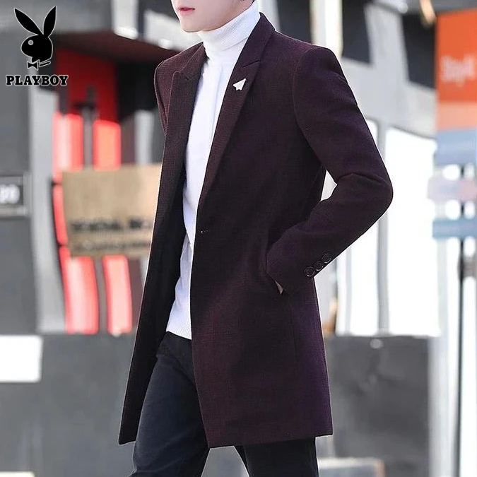 花花公子毛呢大衣男士中长款秋冬季新款潮流条纹西装领加绒外套男