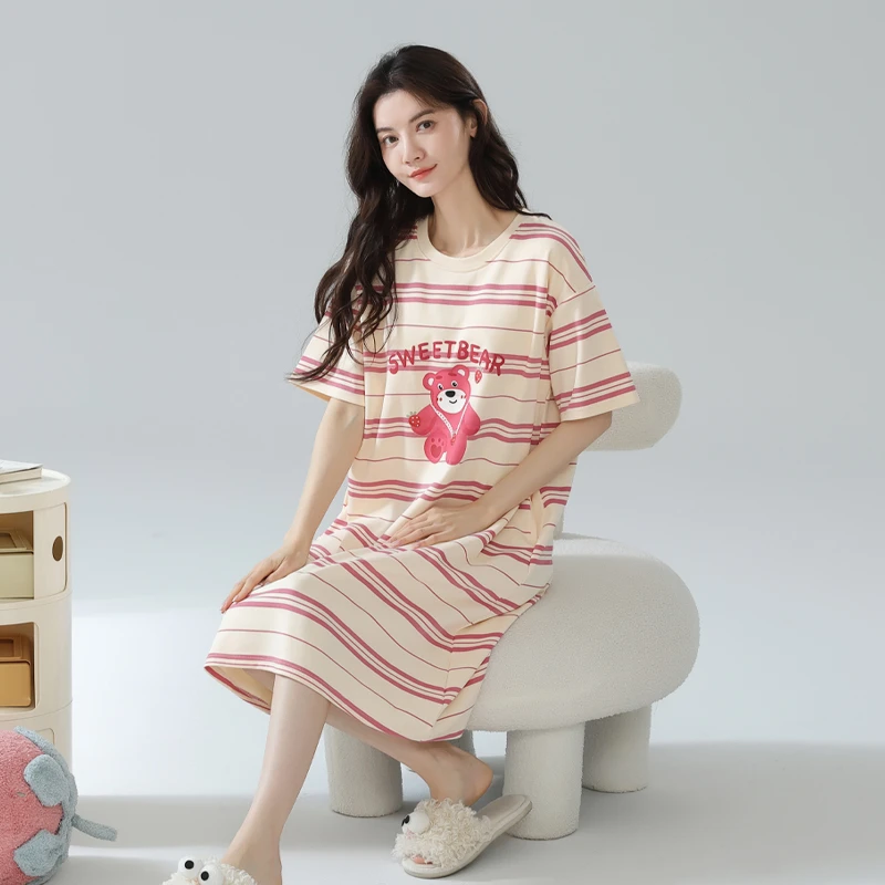 100%纯棉夏季女士睡裙带胸垫家居服短袖中长款甜美韩版休闲条纹薄