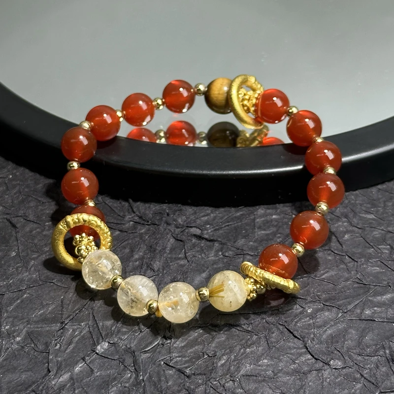 天然黄水晶红玛瑙手串女款本命年转运珠黄水晶手链男款虎眼石