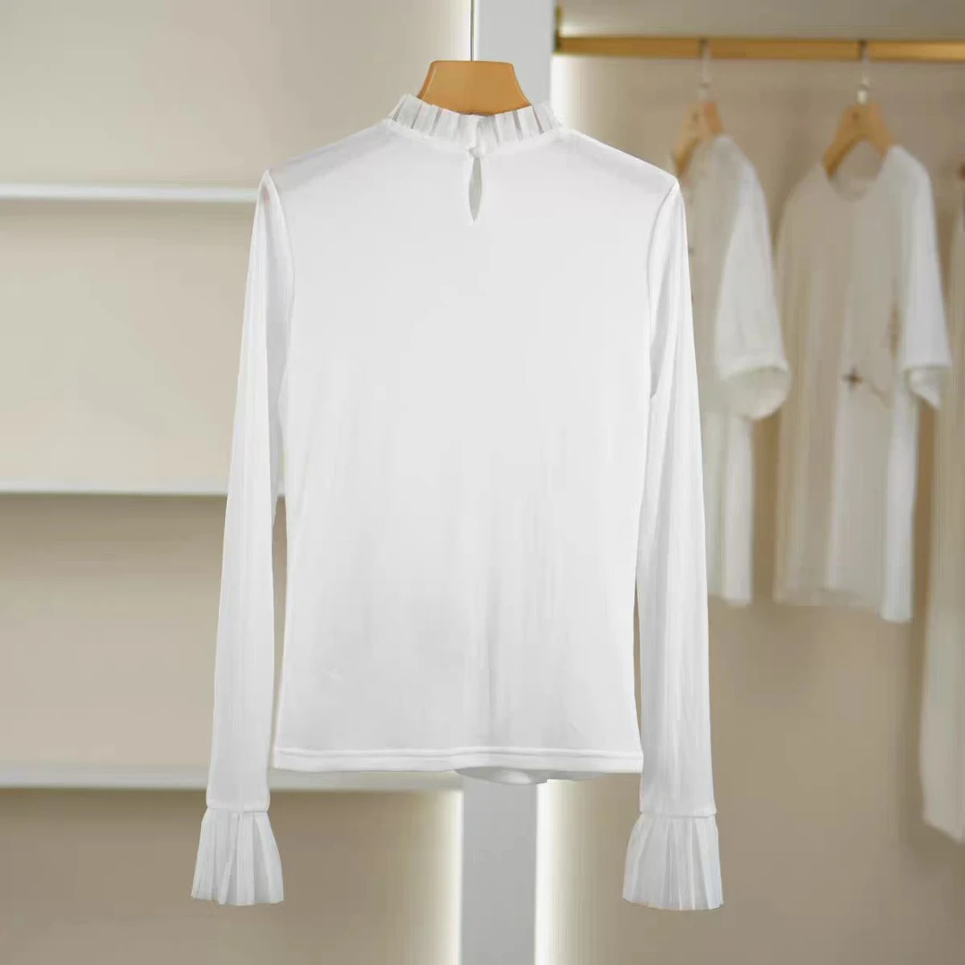 【曼德诗】木耳边纯色圆领花边领双层肌肤纱打底衫330729-82004