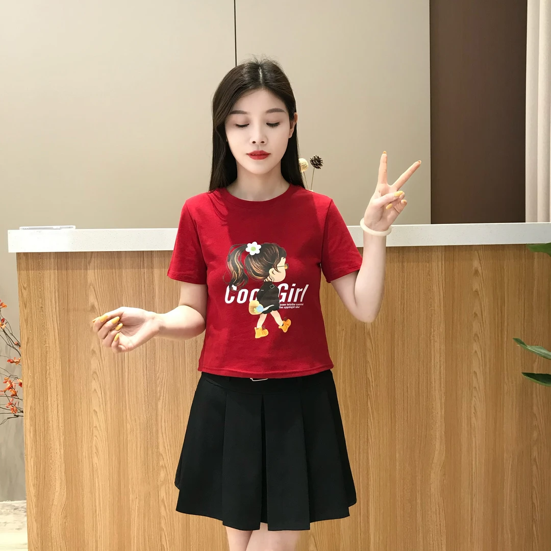 时尚卡通女孩印花短袖T恤女2025夏季新款小个子圆领显瘦休闲上衣