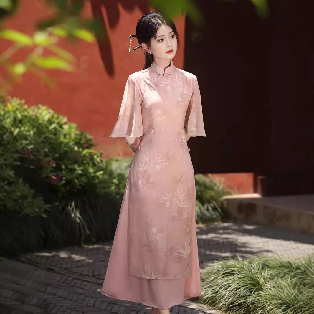 气质连衣裙夏季年轻奥黛旗袍复古粉色日常新款改良新中式2024少女