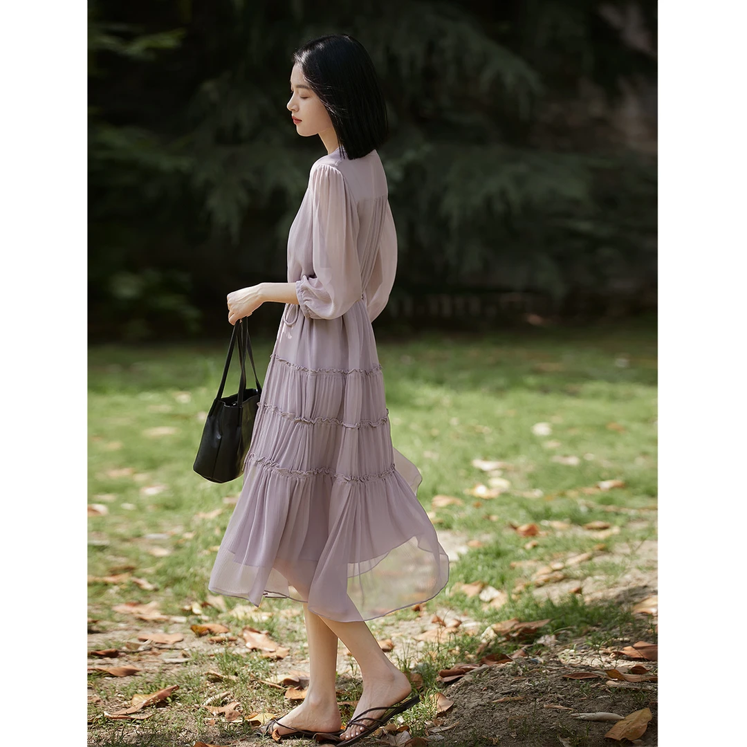 【门店同款】笑涵阁 淡雅仙气抽褶系带/顺纡绉连衣裙SQE484336MG