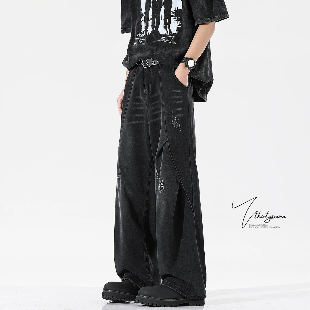 V37水做旧风裤子男2025春秋季美式vintage复古渐变色阔腿牛仔裤