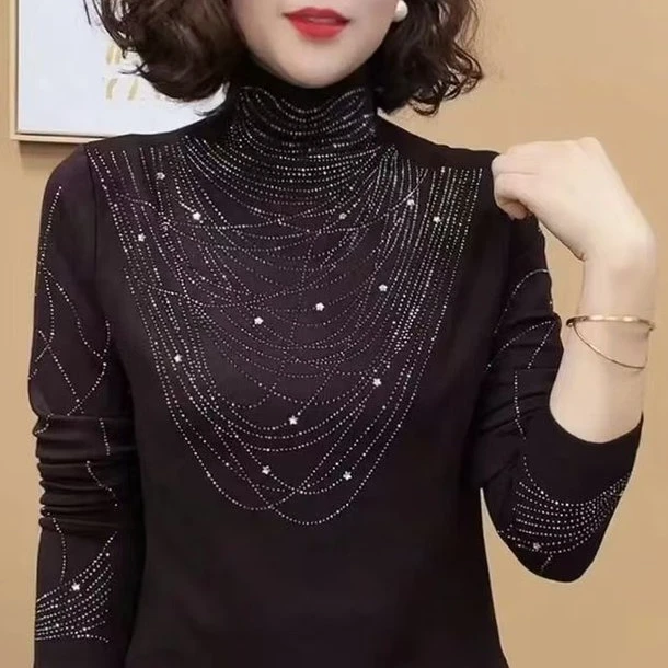 高档减龄半高领烫钻长袖t恤女秋冬季新款保暖德绒内搭打底衫上衣