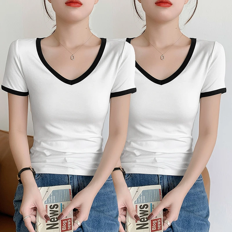 【现货速发】撞色v领t恤女短袖2025春夏季新款时尚修身百搭打底上衣