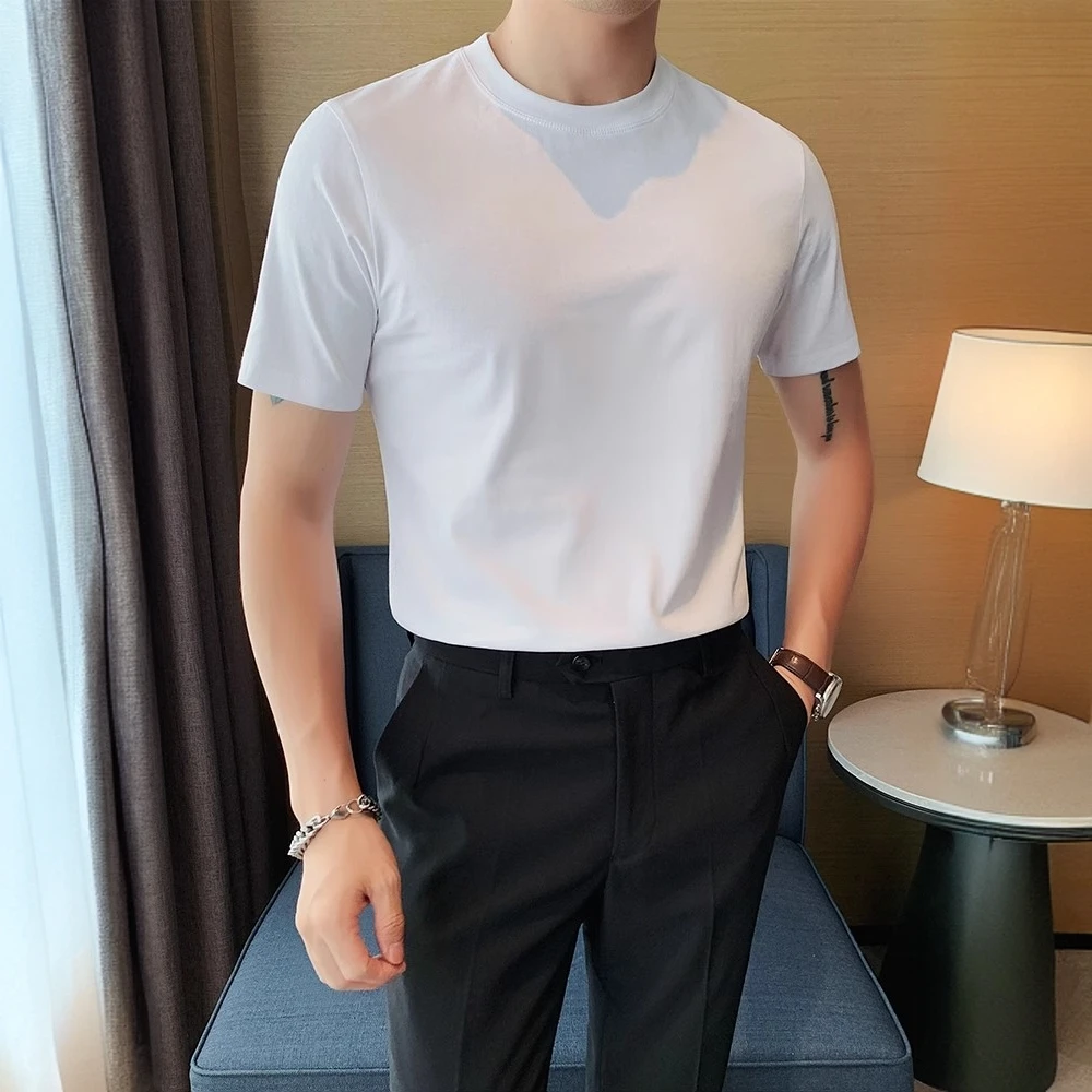 莱蒙璀短袖T恤男纯白色圆领冰丝半袖夏季修身丝光打底衫透气休闲
