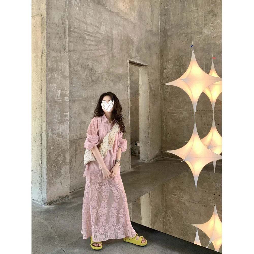 早秋新款法式气质重工蕾丝拼接长袖衬衫网纱刺绣半裙两件套22230#