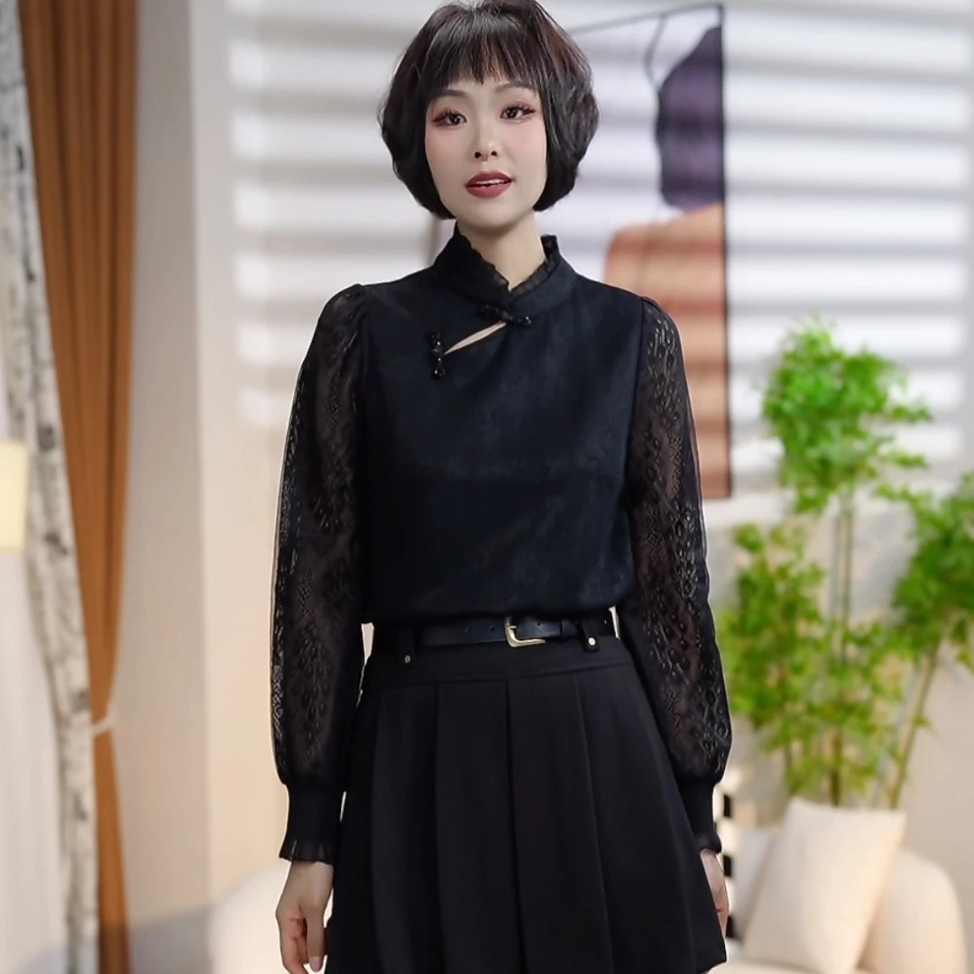S121春秋时尚盘扣蕾丝拼接国风气质小衫DM4