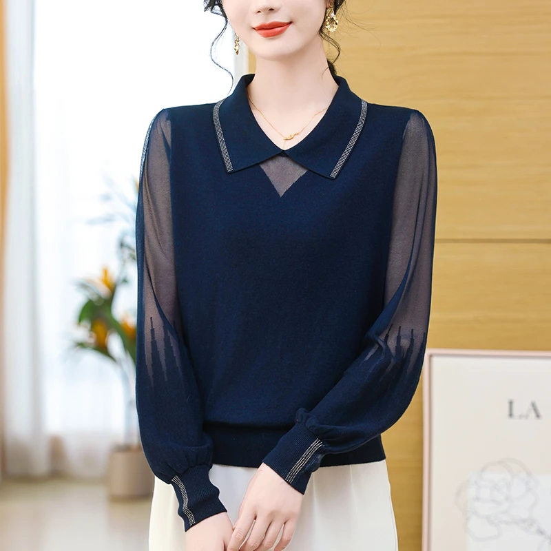 春秋新款冰丝镶钻t恤雪纺袖女时尚洋气娃娃polo领宽松针织打底衫