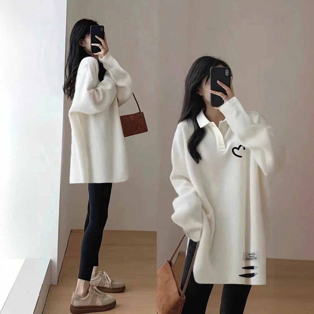 韩版秋冬季小清新t恤中长款上衣POLO领减龄长袖慵懒风女士打底衫