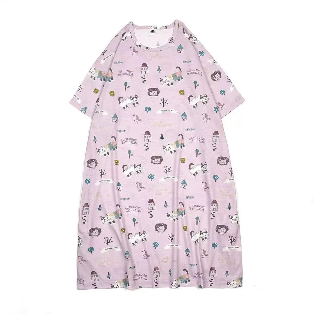 Z633满印猫咪睡裙圆领爬猫浅紫色8114-1