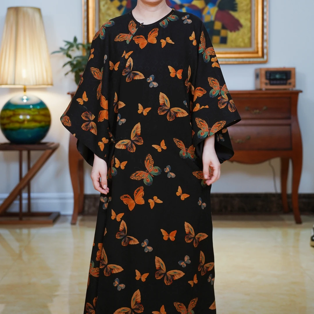 『蝶影』复古中式国风桑蚕丝圆领倒大袖修身文艺长款连衣裙-P4K6382