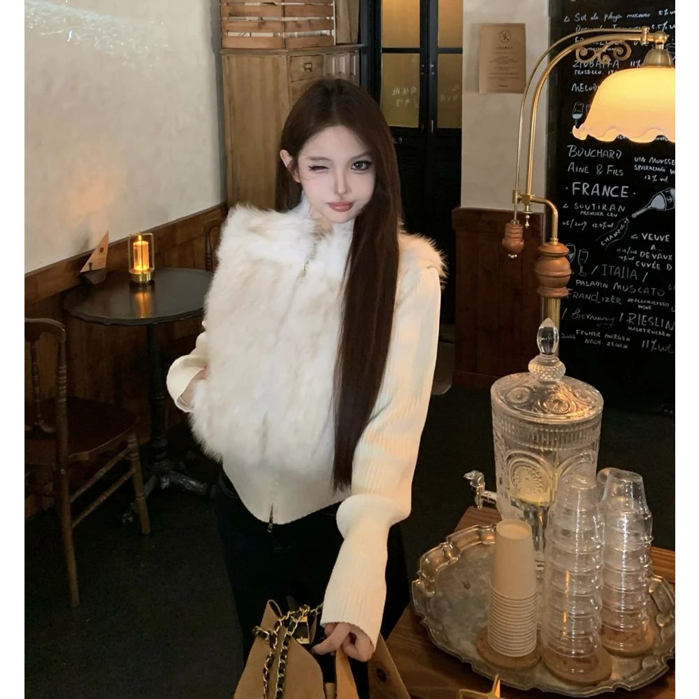 秋冬翻领拼接马甲外套女修身短款针织一体皮草皮毛一体外套上衣