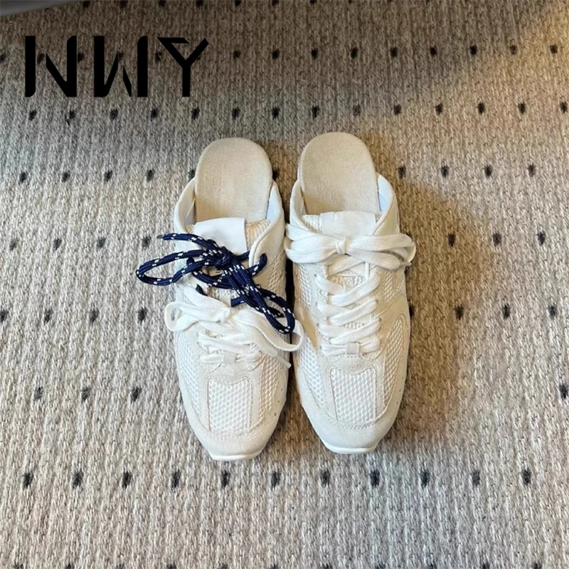 复古系带圆头百搭透气皮面包头德训鞋女夏复古阿甘半拖休闲鞋新款